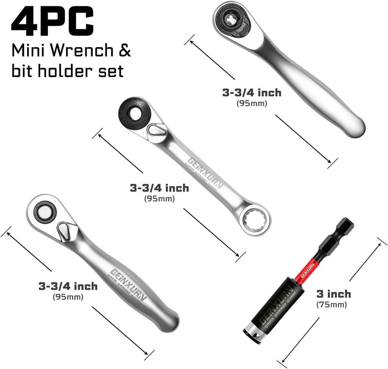 GEINXURN Mini Ratchet Wrench& Bit Holder Set 4 Pcs, 1/4" Drive Ratchet Handle Wrench, 72-T Quick-Release Reversible Socket Wrench, Impact Extension Bit Holder with Case - Image 2